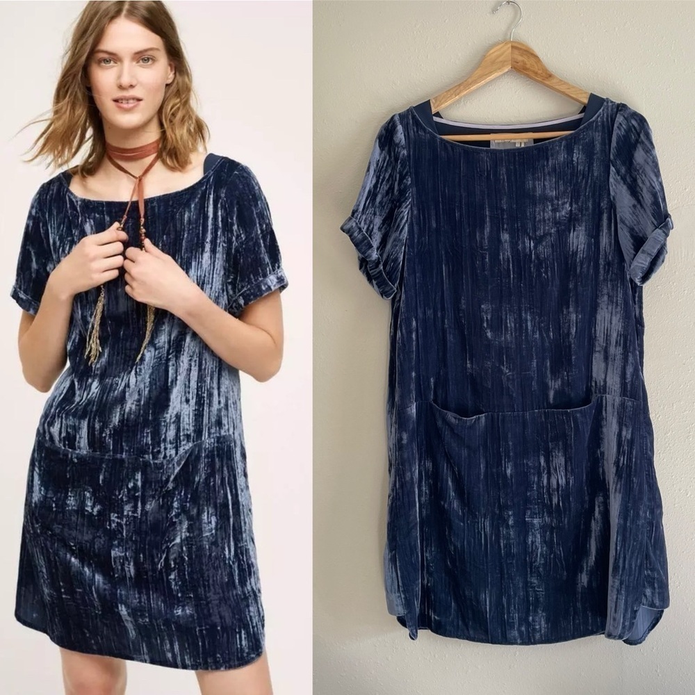 Floreat | Anthropologie Crushed Vevlet Whimsigoth Patch Pocket Navy Shirt Dress - Picture 11 of 11